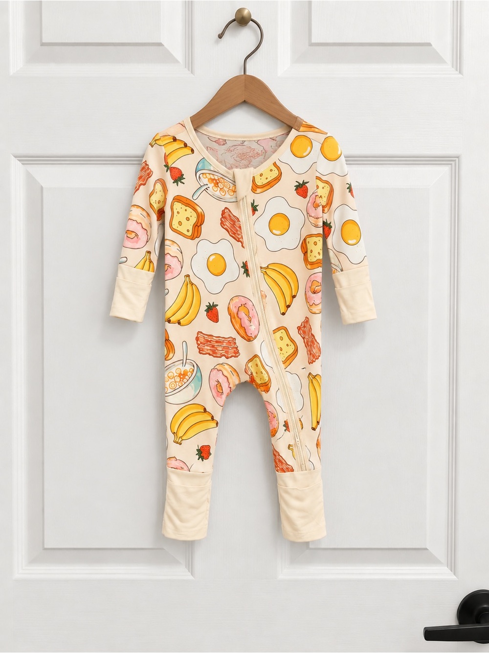 Breakfast Food Print Bamboo Convertible Zip Romper Pajamas Newborn to 0-3M EUC